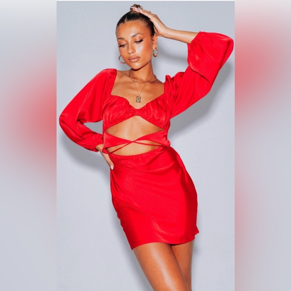 Princess Polly Nakita Long Sleeve Mini Dress in Red - Size 12
